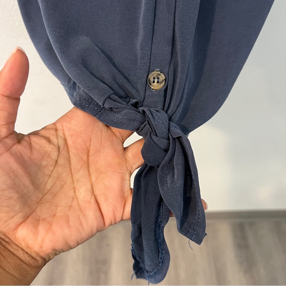 Green Envelop Soft Modal Blue V Neck Button Front Flutter Sleeve Popover Top - Picture 5 of 10